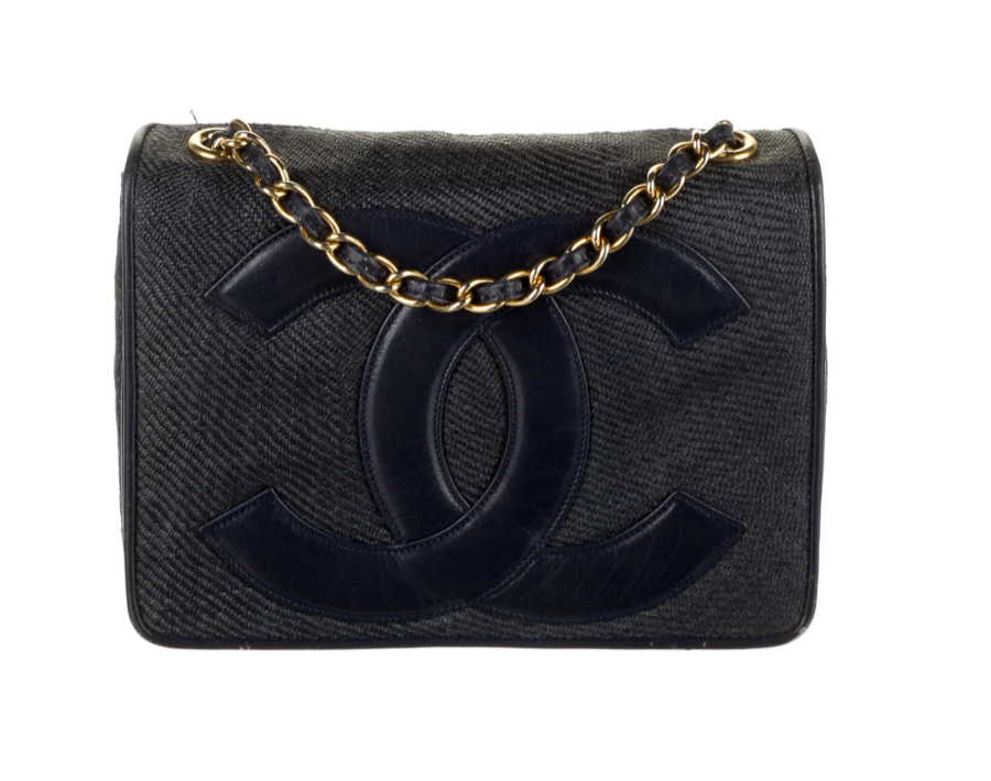 VINTAGE CHANEL CC NAVY RAFFIA STRAW LEATHER SHOULDER FLAP BAG