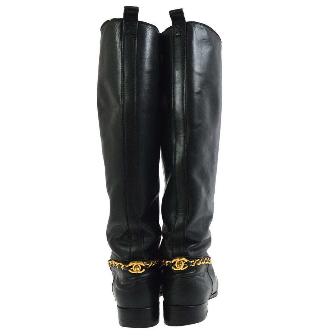 CHANEL CC TURNLOCK AND CHAIN BLACK LEATHER OTK RIDING BOOTS / IT 37