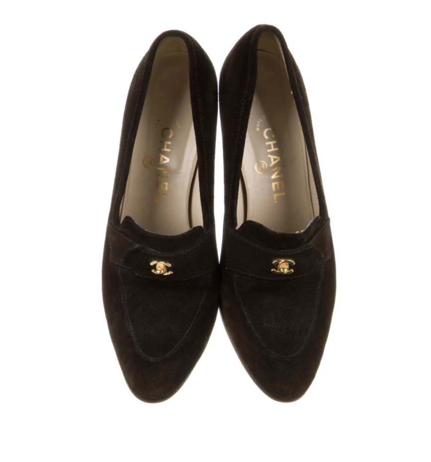 CHANEL VINTAGE CC TURNLOCK BROWN SUEDE LOAFERS HEELS IT 39 / US 8 - 8.5