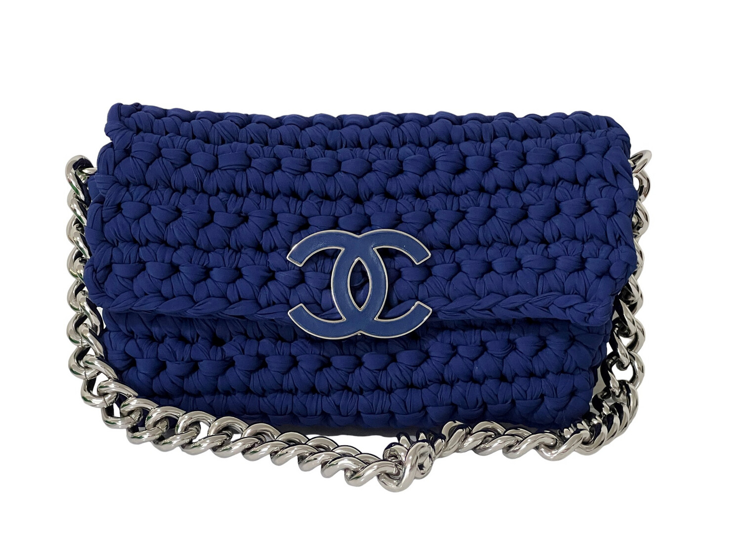 CHANEL BLUE WOVEN CROCHET FLAP SHOULDER BAG WITH THICK CHAIN