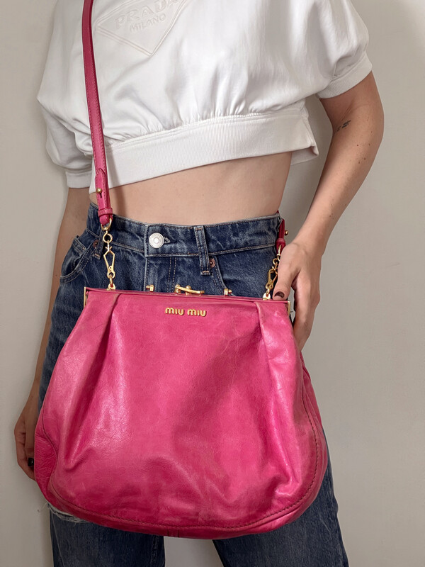 MIU MIU PINK LEATHER XL FRAMED CROSSBODY BAG