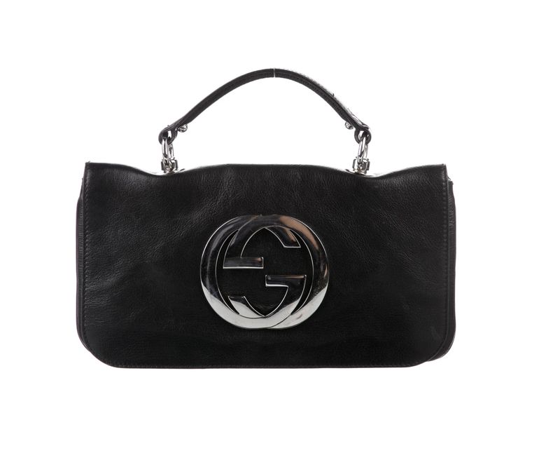 GUCCI VINTAGE GG BLONDIE BLACK LEATHER TOP HANDLE FLAP BAG CLUTCH