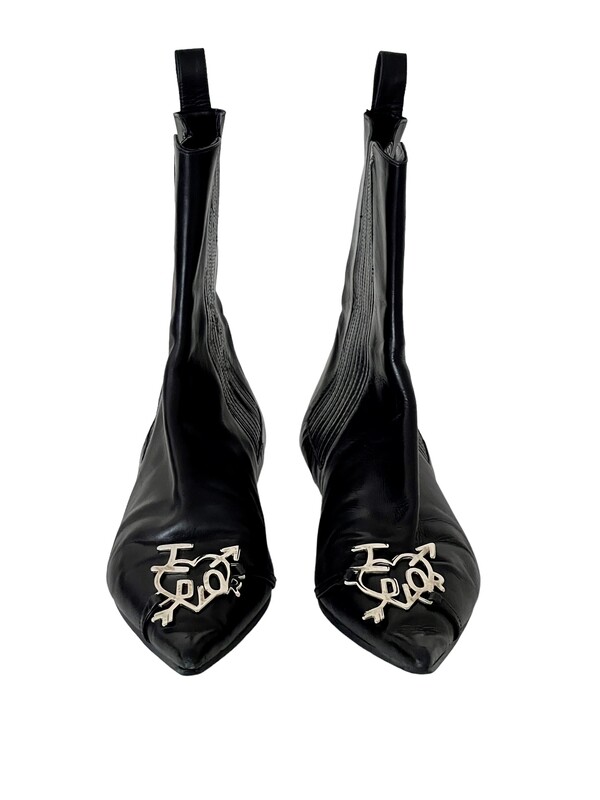 CHRISTIAN DIOR VINTAGE "I HEART DIOR" LOGO BLACK BOOTS WITH LOGO PLATE 37.5