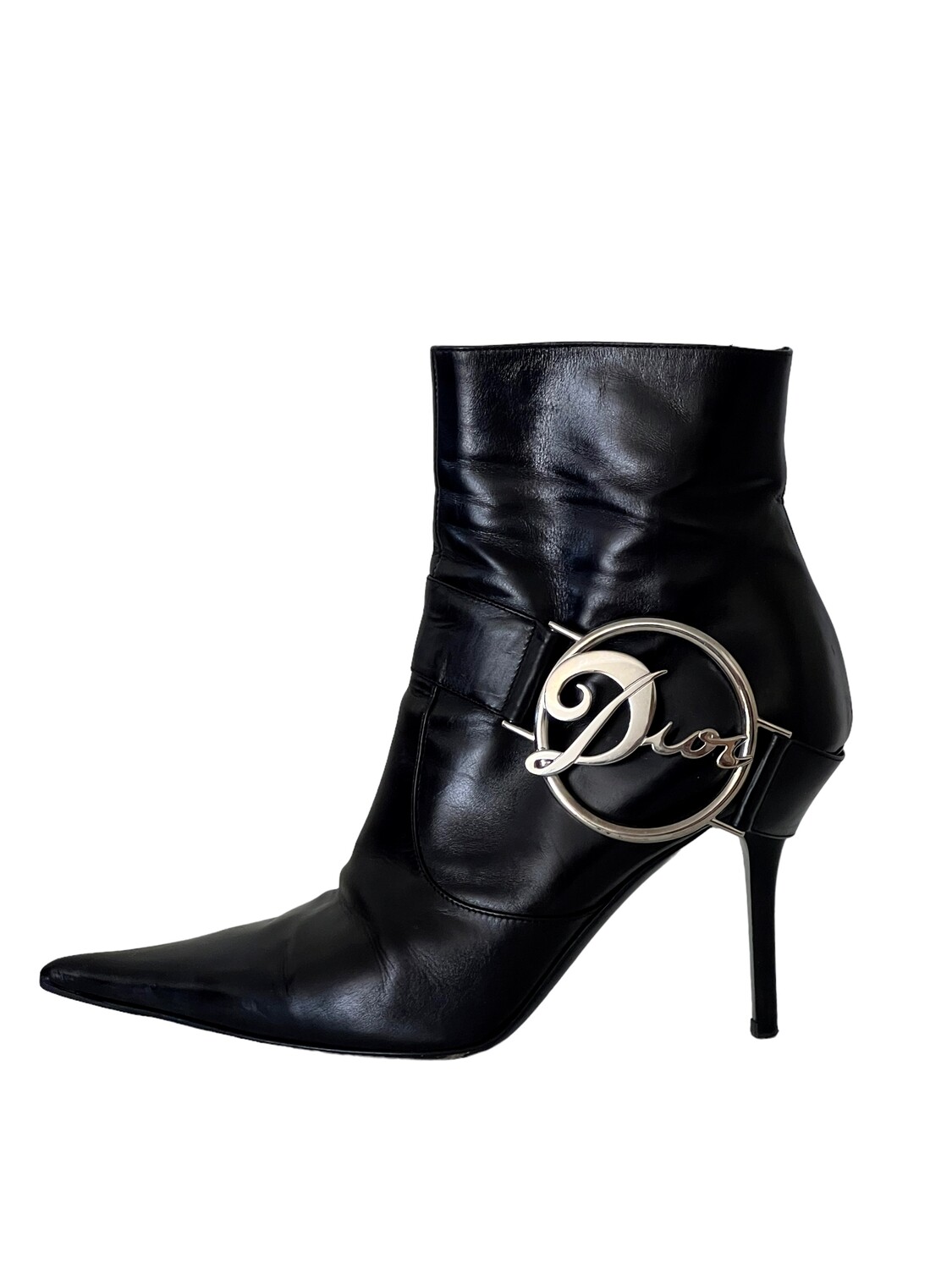 CHRISTIAN DIOR VINTAGE LOGO BLACK BOOTS WITH LOGO PLATE 37.5