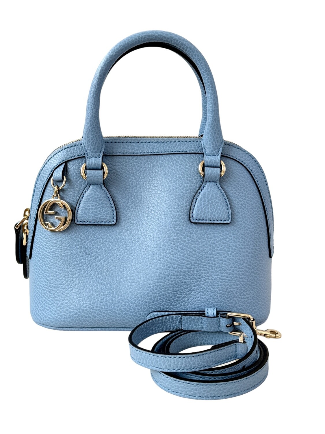 GUCCI SOFT BLUE PEBBLE LEATHER SMALL 2 WAY TOP HANDLE CROSSBODY BAG W GG CHARM