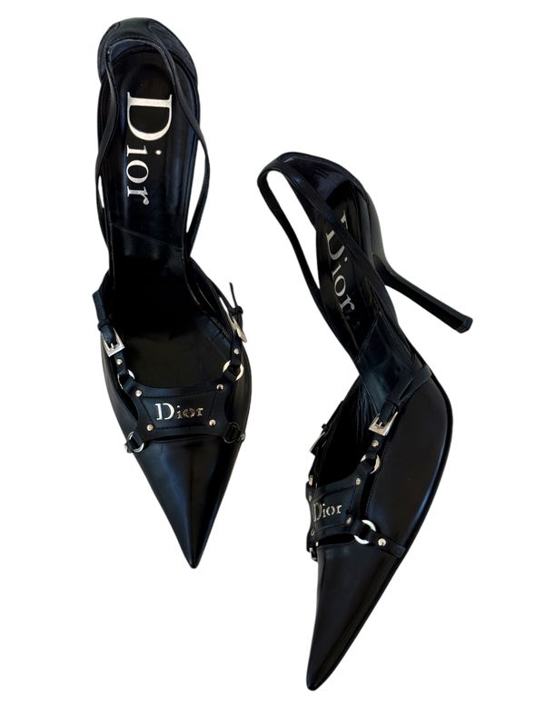 CHRISTIAN DIOR VINTAGE HARNESS LOGO PLATE BLACK HEELS / IT 41