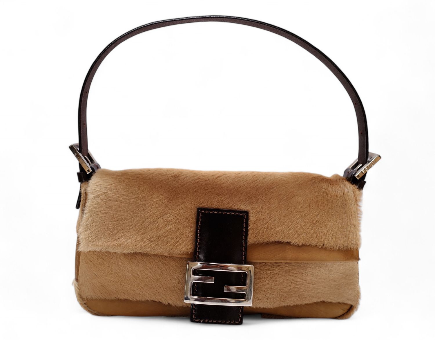 FENDI VINTAGE TAN PONY HAIR AND LEATHER BAGUETTE SHOULDER BAG