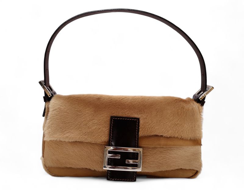 FENDI VINTAGE TAN PONY HAIR AND LEATHER BAGUETTE SHOULDER BAG