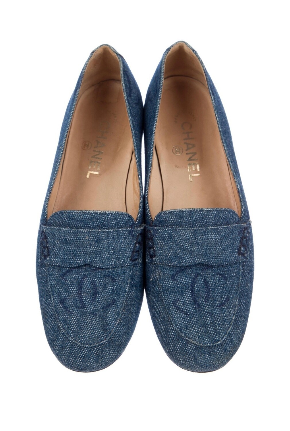 CHANEL DENIM CC LOGO PRINT LOAFERS FLATS IT 37
