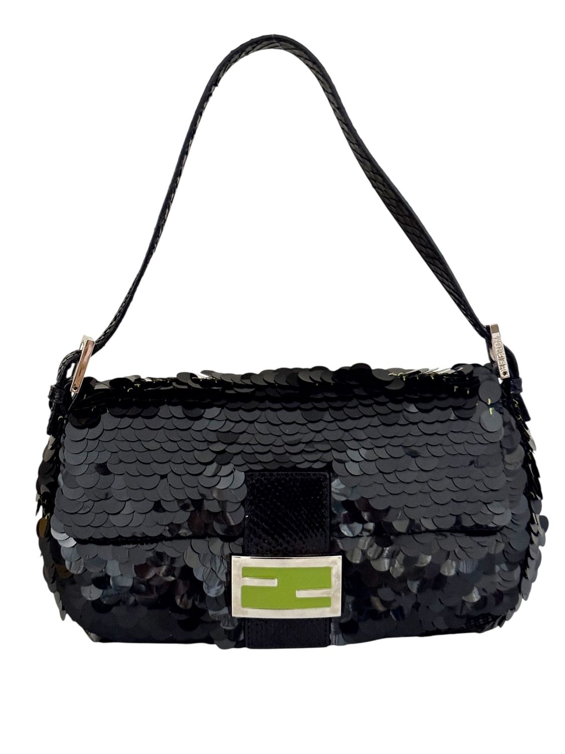 FENDI VINTAGE BLACK SEQUIN AND PYTHON BAGUETTE SHOULDER BAG