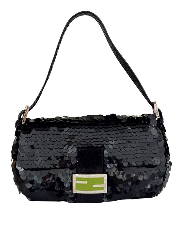 FENDI VINTAGE BLACK SEQUIN AND PYTHON BAGUETTE SHOULDER BAG