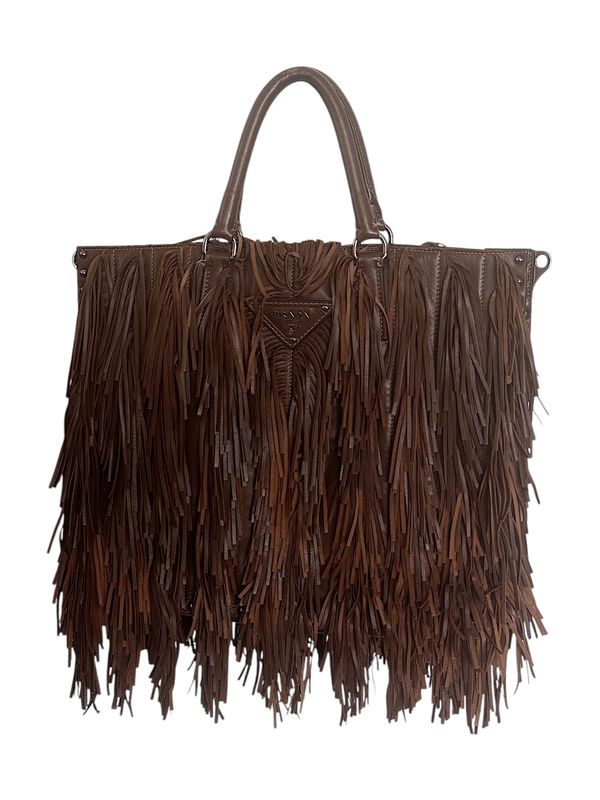 PRADA BROWN LEATHER FRINGE SHOULDER TOTE BAG