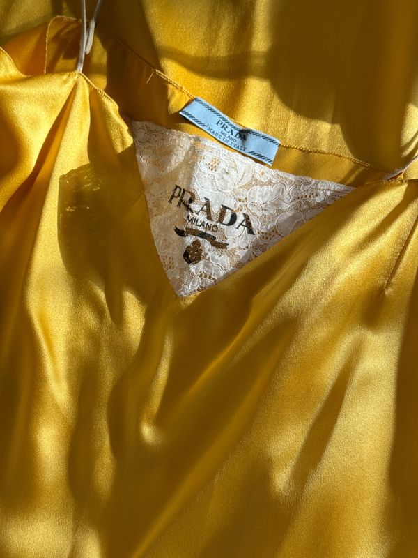 PRADA YELLOW LACE AND SILK MINI DRESS