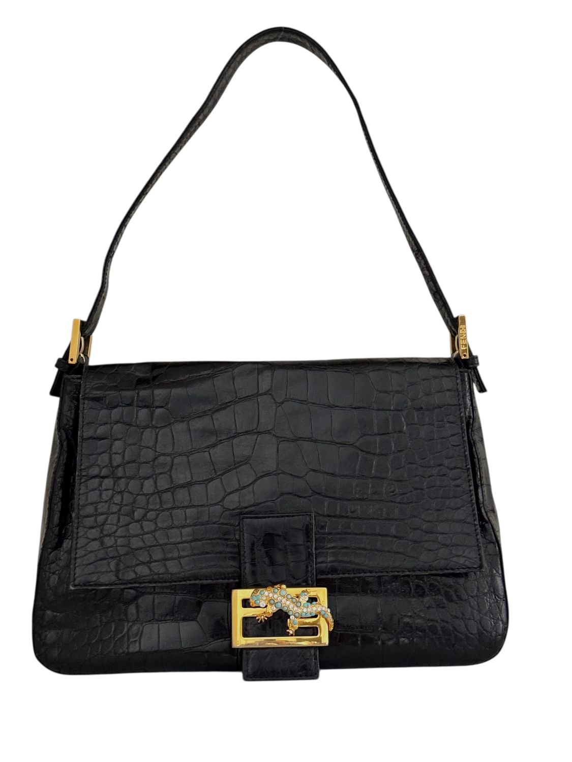 FENDI BLACK GENUINE CROCODILE GECKO MAMA BAGUETTE SHOULDER BAG