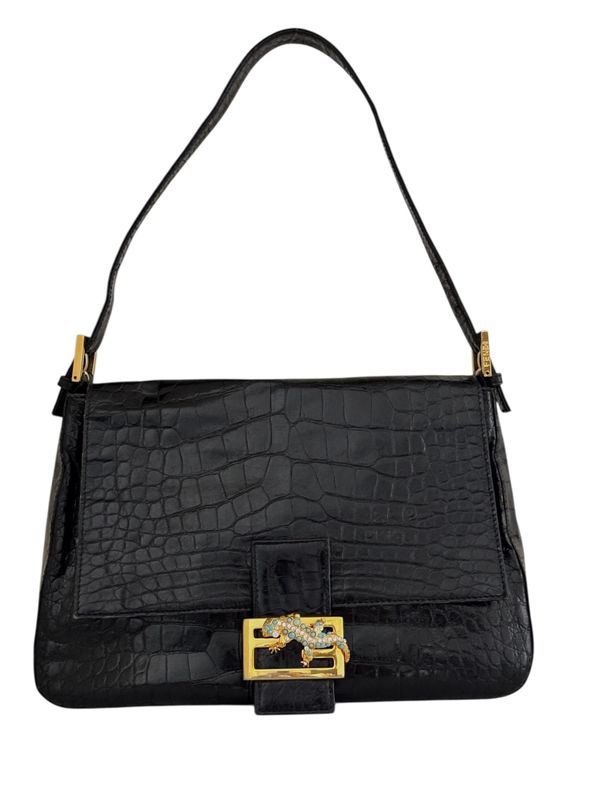 FENDI BLACK GENUINE CROCODILE GECKO MAMA BAGUETTE SHOULDER BAG