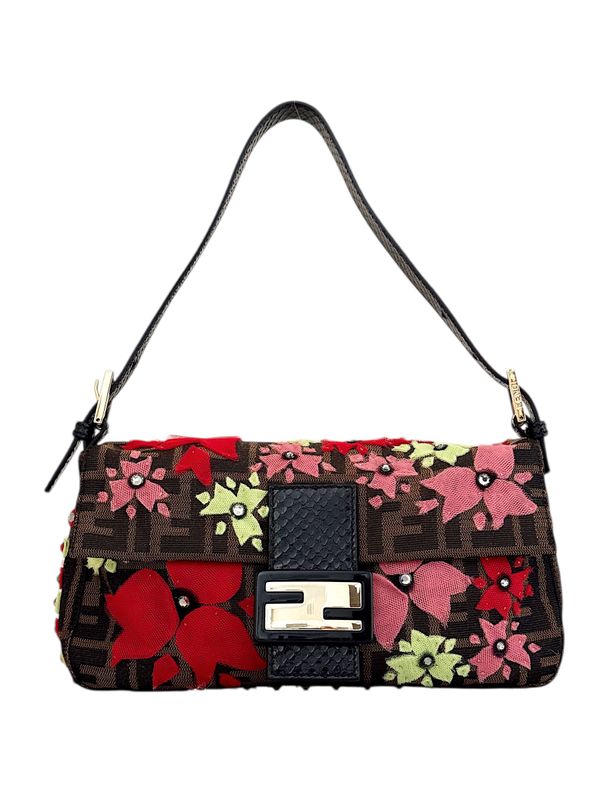FENDI VINTAGE FF ZUCCA BEADED &amp; FLORAL BAGUETTE SHOULDER BAG WITH PYTHON TRIM