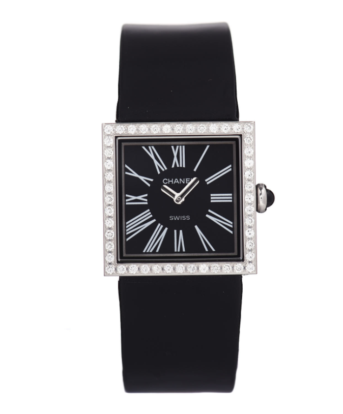 CHANEL DIAMOND MADEMOISELLE BLACK PATENT LEATHER WATCH