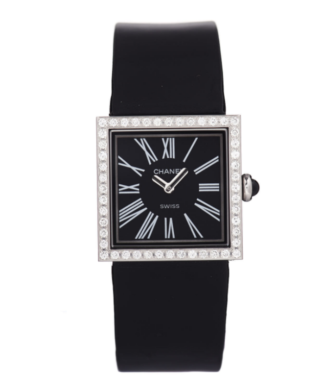 CHANEL DIAMOND MADEMOISELLE BLACK PATENT LEATHER WATCH
