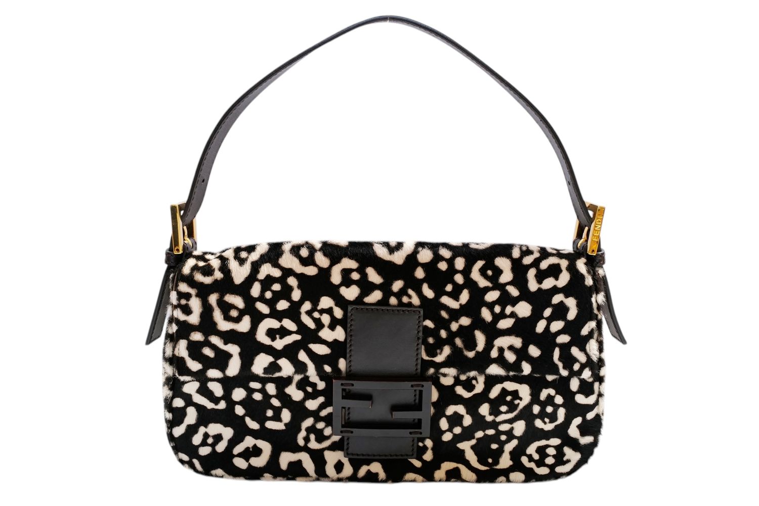 FENDI VINTAGE BROWN CHEETAH LEOPARD PRINT PONY HAIR BAGUETTE SHOULDER BAG