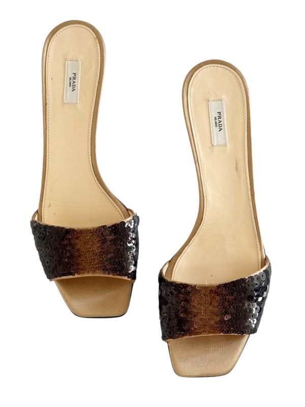 PRADA BROWN OMBRE SEQUIN MULES / IT 38.5