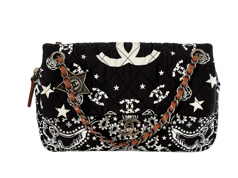 CHANEL CC PARIS DALLAS BANDANA PRINT FLAP DOUBLE CHAIN SHOULDER BAG IN NAVY
