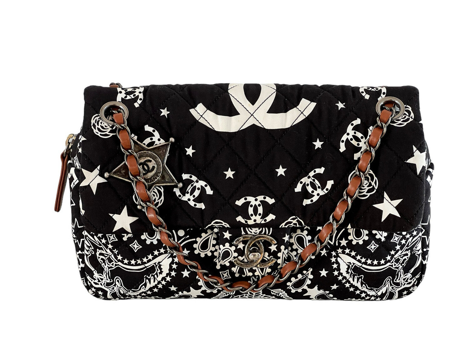 CHANEL CC PARIS DALLAS BANDANA PRINT FLAP DOUBLE CHAIN SHOULDER BAG IN NAVY