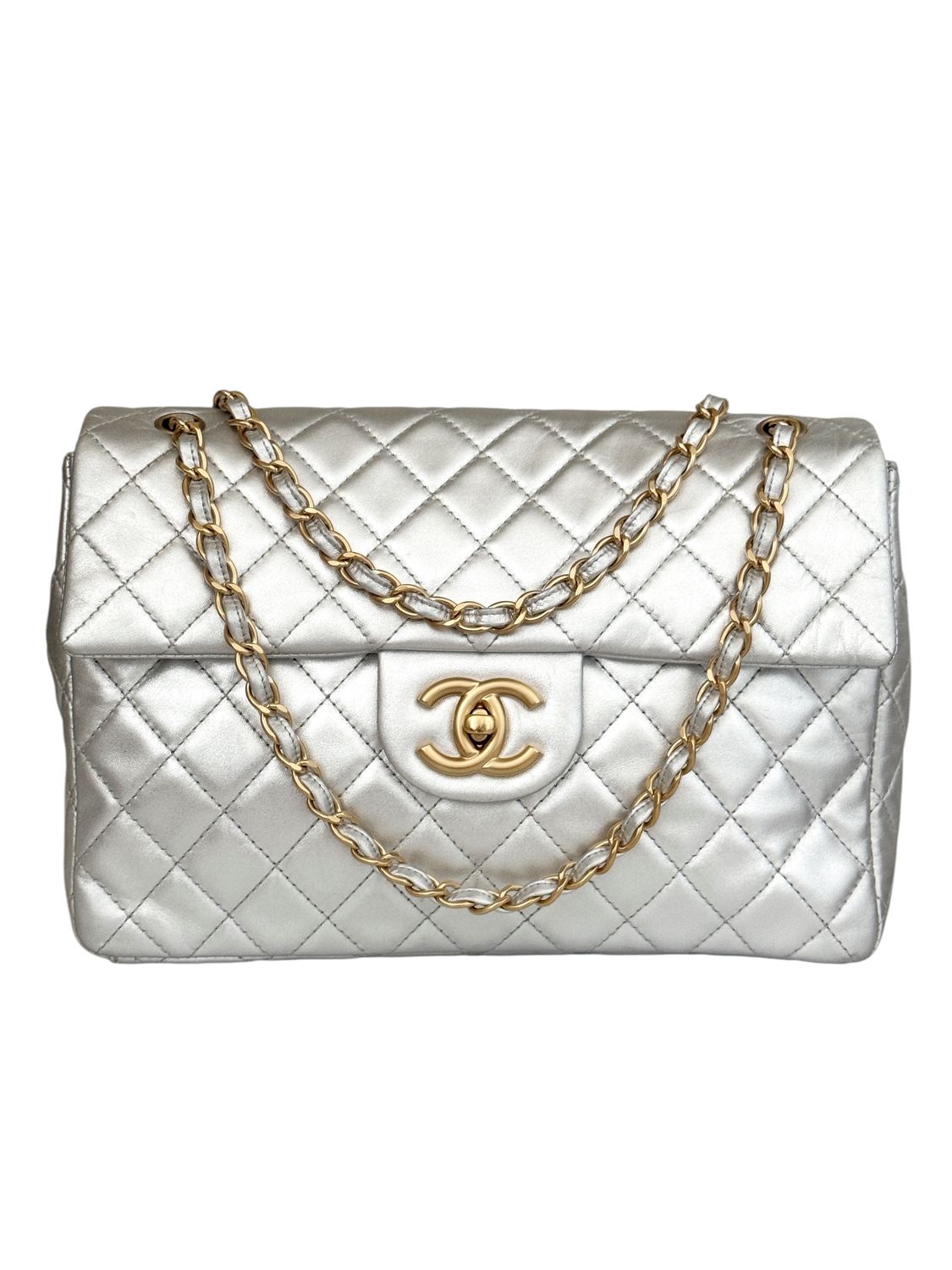 CHANEL MAXI SILVER LEATHER SINGLE FLAP SHOULDER BAG