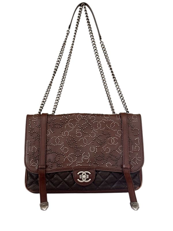 CHANEL PARIS DALLAS BROWN LEATHER STUDDED FLAP BAG