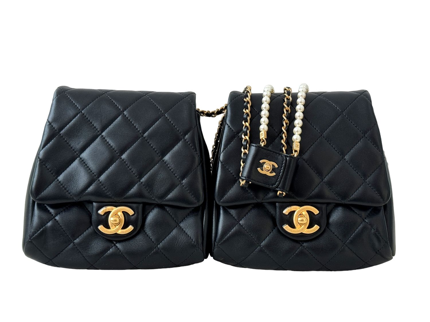 CHANEL BLACK QUILTED LEATHER DOUBLE SIDE-PACK BAGS WITH IMITATION PEARL AND CHAIN DETAIL