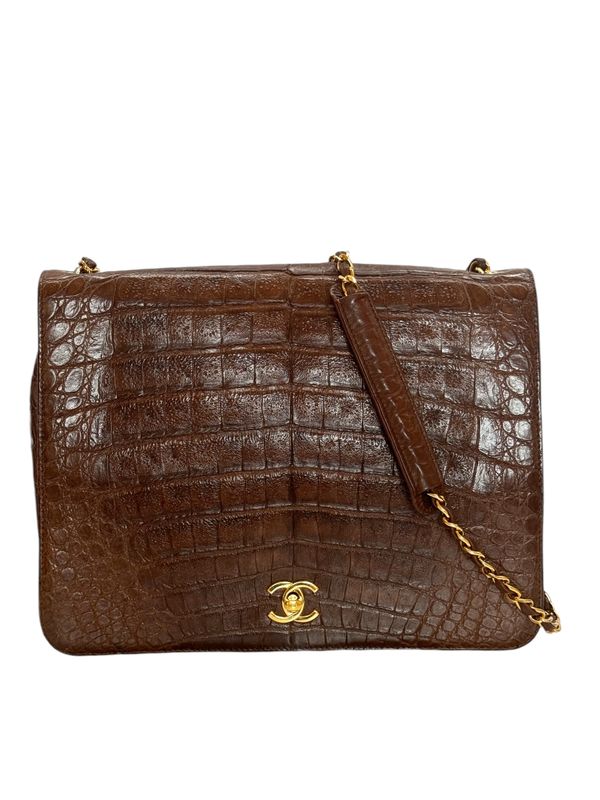 CHANEL VINTAGE BROWN CROCODILE FLAP SHOULDER BAG