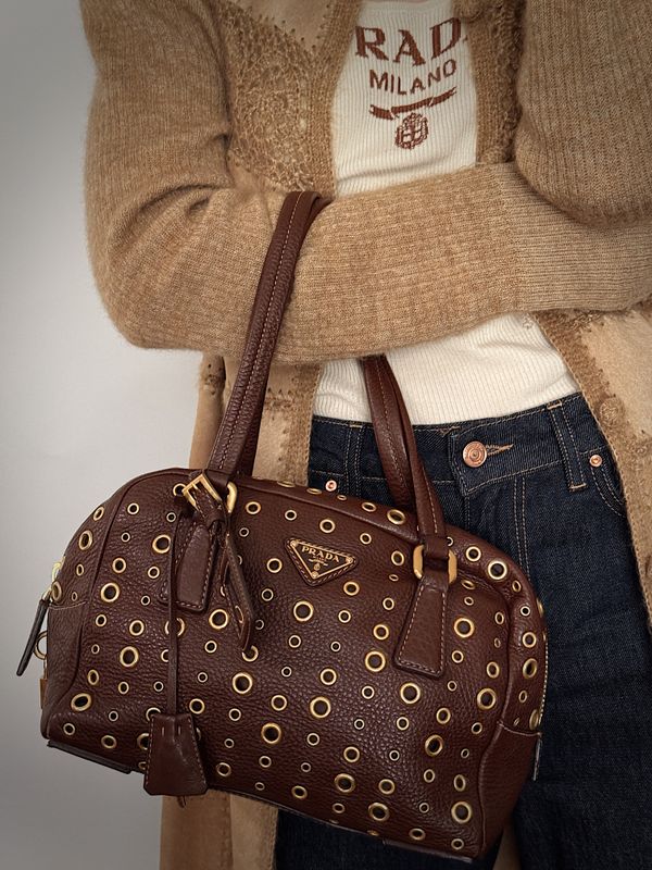 PRADA BROWN LEATHER GROMMET TOP HANDLE SHOULDER BAG