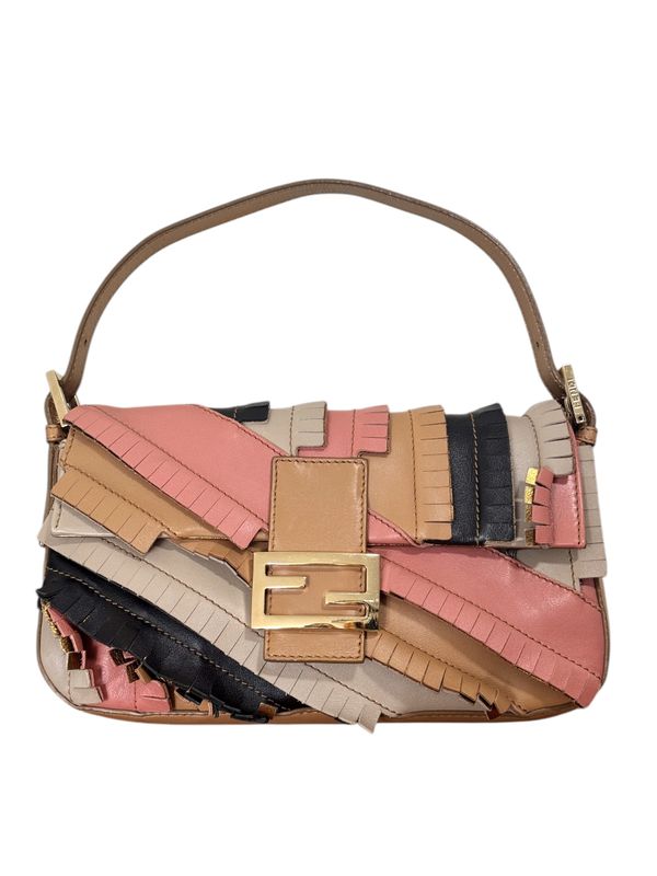 FENDI PATCHWORK FRINGE LEATHER BOHO BAGUETTE BAG