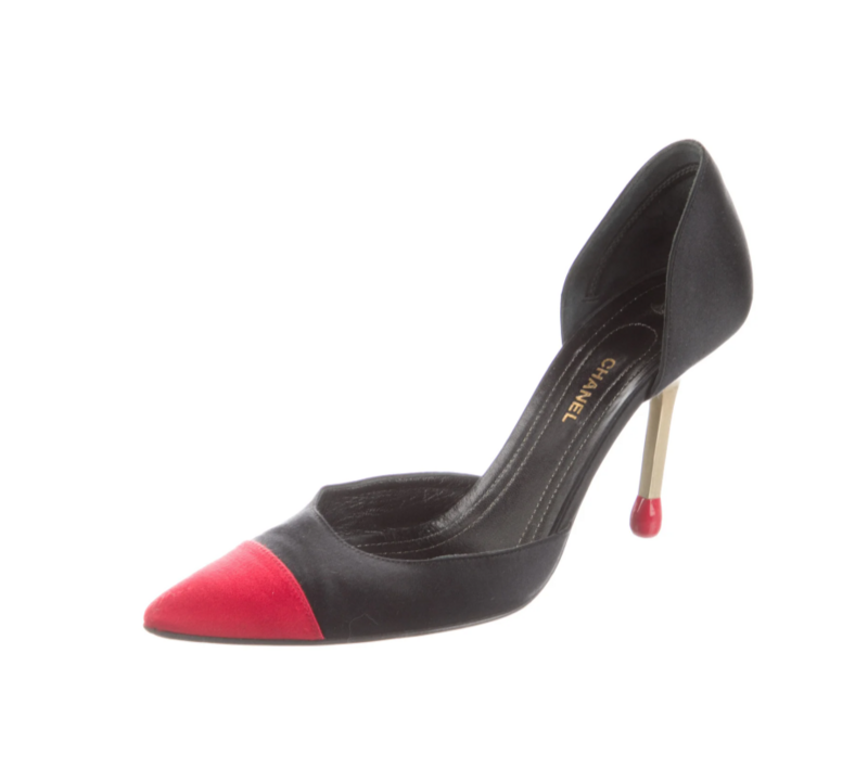CHANEL VINTAGE BLACK RED SATIN MATCHSTICK HEEL PUMPS HEELS IT 38.5