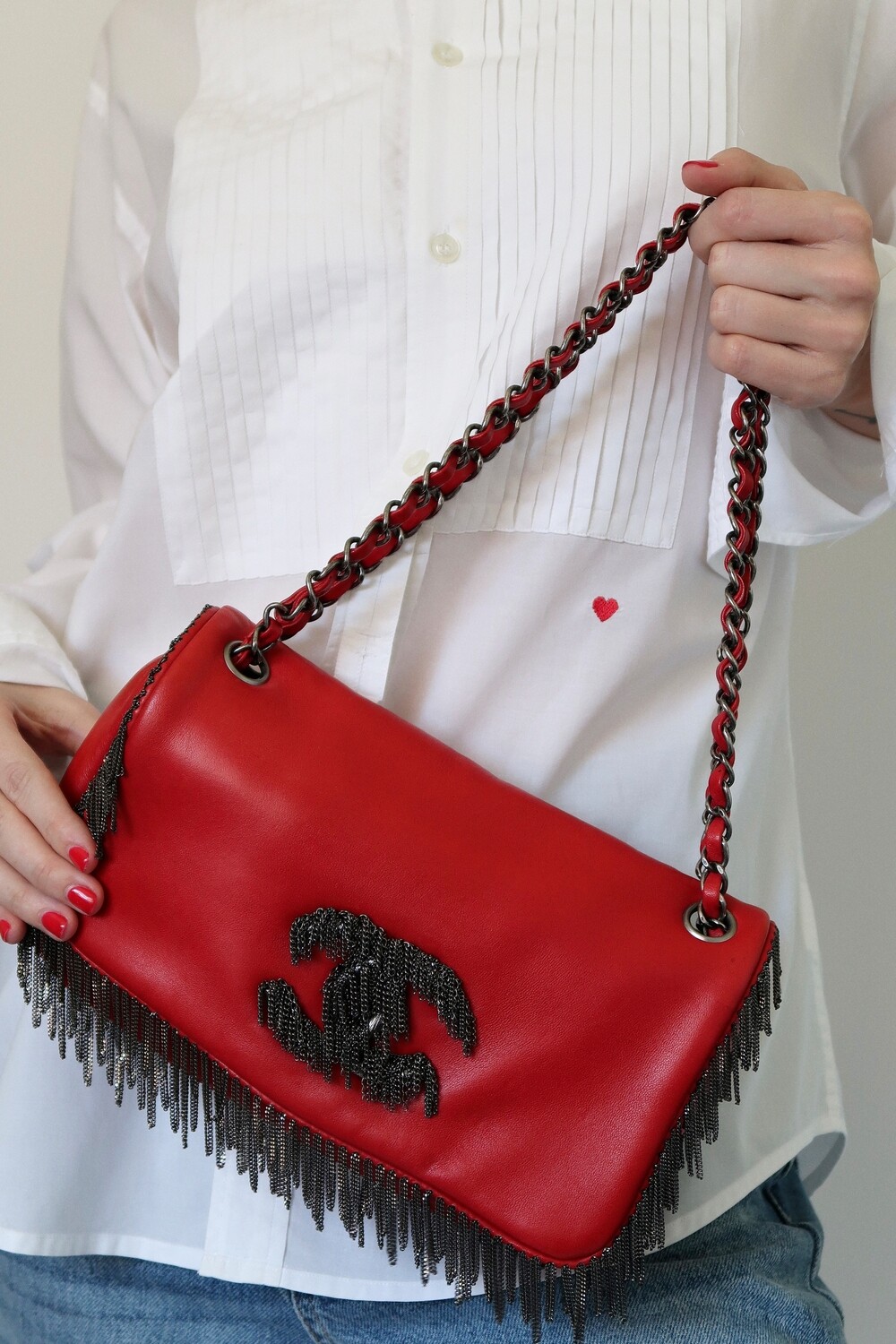 RARE CHANEL CC CHAIN FRINGE RED LAMBSKIN LEATHER FLAP CABARET SHOULDER BAG