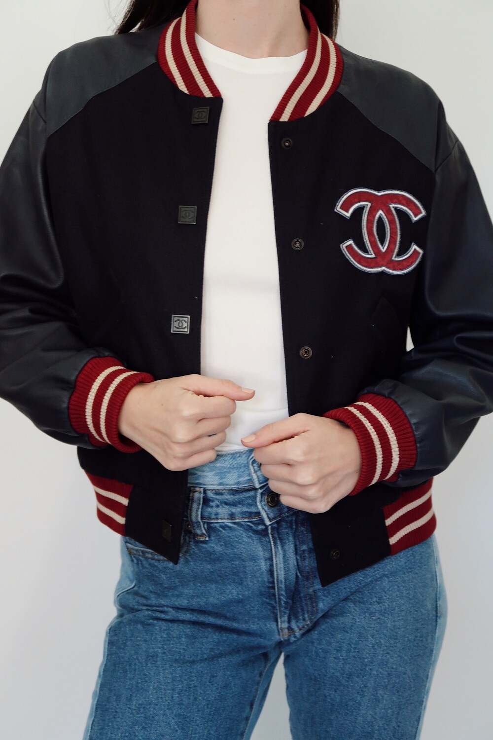 CHANEL VINTAGE 2004 SPORTS LINE CC LOGO BOMBER VARSITY JACKET