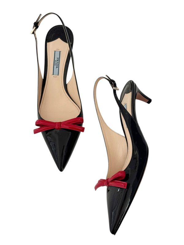 PRADA BLACK PATENT LEATHER BOW SLINGBACK HEELS / IT 38.5