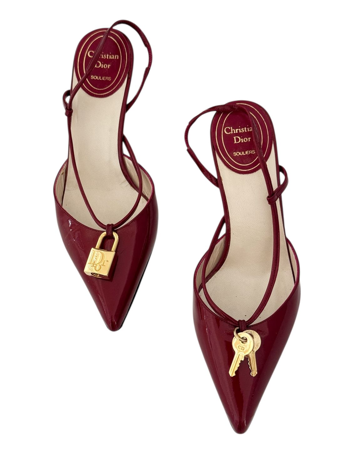 CHRISTIAN DIOR VINTAGE SLINGBACK HEELS WITH PADLOCK AND KEYS CHARMS / IT 35