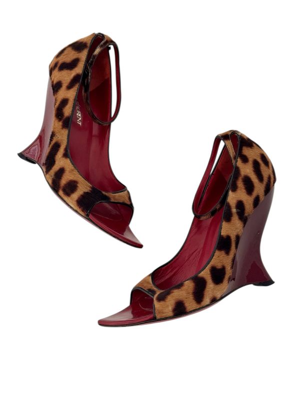 YVES SAINT LAURENT YSL VINTAGE LEOPARD PONY HAIR WEDGE HEELS / IT 37.5
