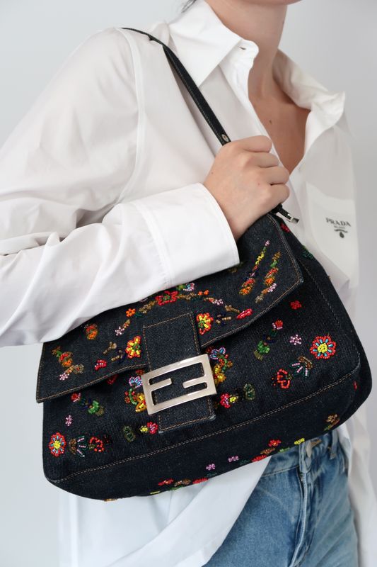 FENDI VINTAGE FLORAL BEADED DENIM MAMMA BAGUETTE SHOULDER BAG