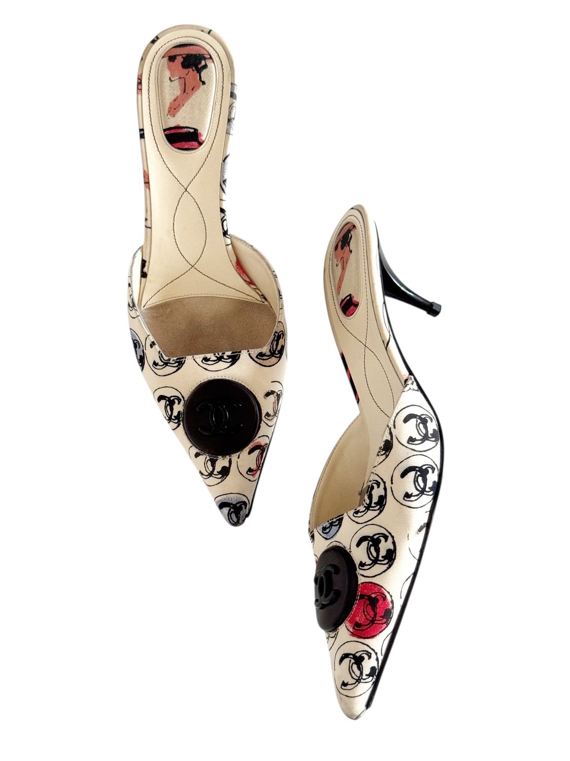 CHANEL VINTAGE CAMBON FABRIC CC PRINT MULES HEELS / IT 37.5