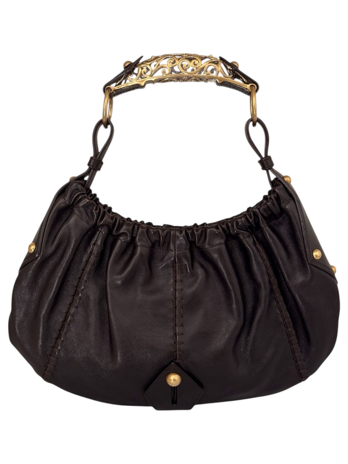 YVES SAINT LAURENT YSL VINTAGE BROWN LEATHER MOMBASA ORNATE HANDLE HOBO BAG