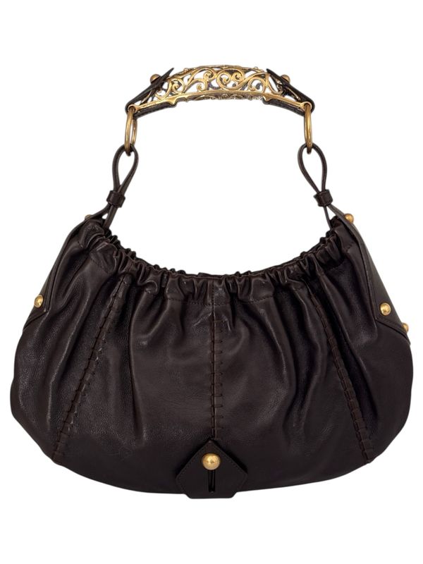 YVES SAINT LAURENT YSL VINTAGE BROWN LEATHER MOMBASA ORNATE HANDLE HOBO BAG