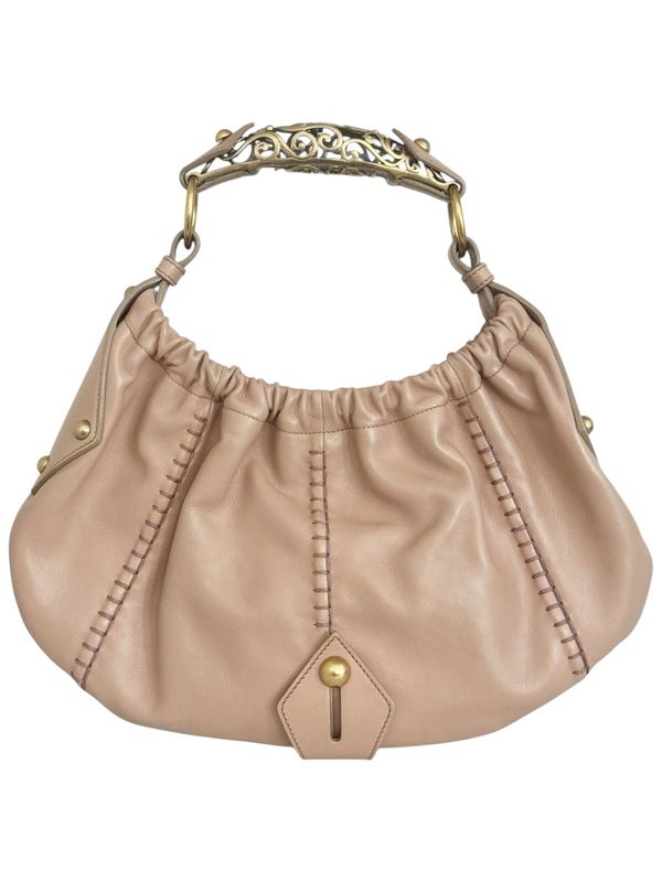 YVES SAINT LAURENT YSL VINTAGE NEUTRAL LEATHER MOMBASA ORNATE HANDLE HOBO BAG