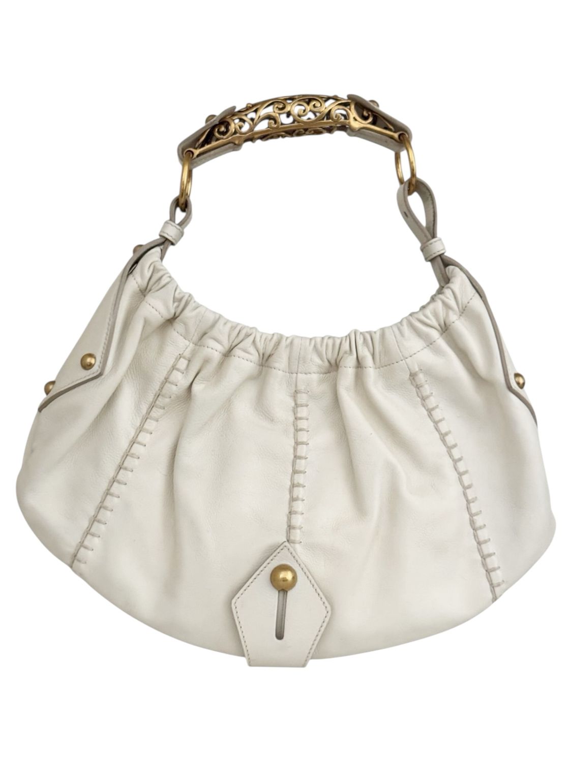 YVES SAINT LAURENT YSL VINTAGE WHITE LEATHER MOMBASA ORNATE HANDLE HOBO BAG