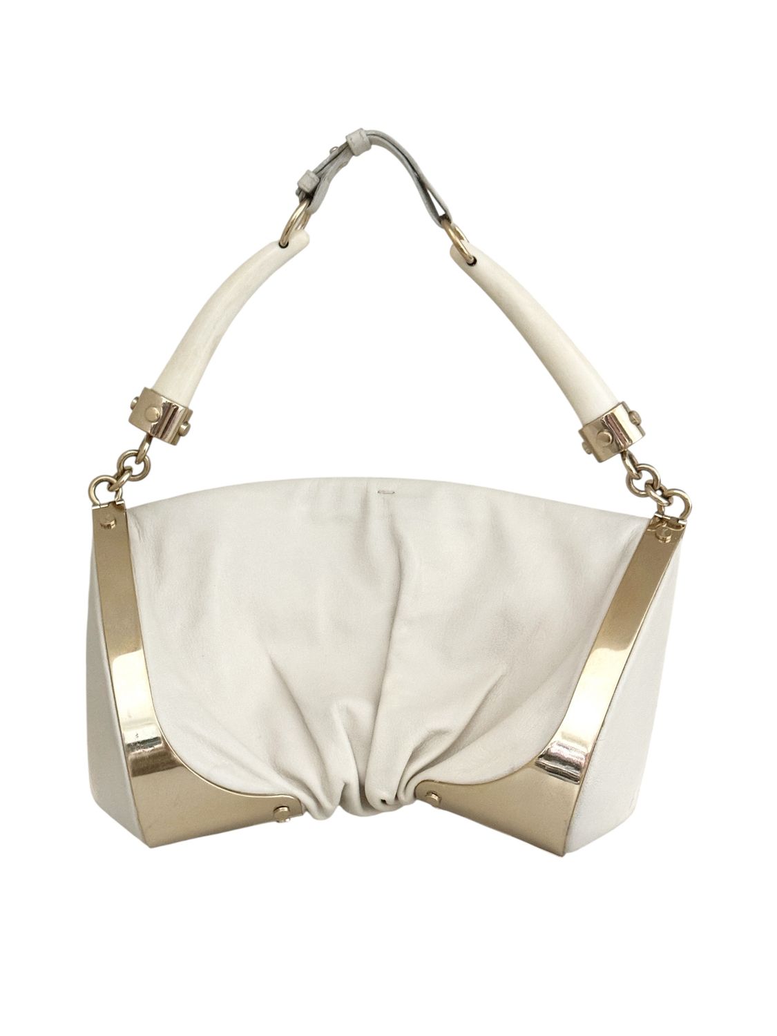 YVES SAINT LAURENT YSL VINTAGE WHITE LEATHER MOMBASA HORN HANDLE BAG W METAL DETAIL