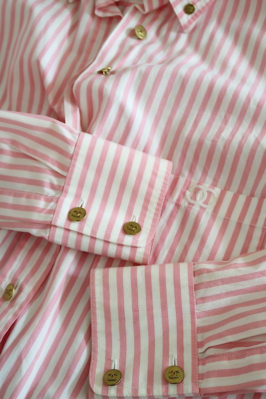 CHANEL VINTAGE PINK STRIPE CC BUTTON DOWN BLOUSE TOP