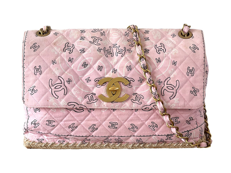CHANEL VINTAGE PINK PAISLEY BANDANA PRINT MAXI JUMBO FLAP BAG