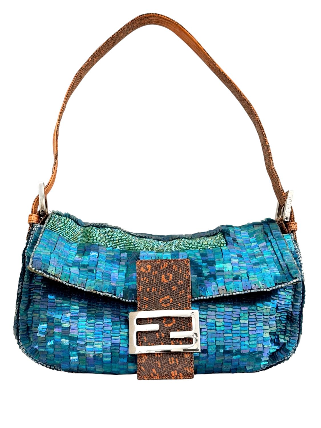 FENDI RARE BEADED AND SEQUIN BLUE GREEN BAGUETTE SHOULDER BAG WITH EXOTIC TRIM
