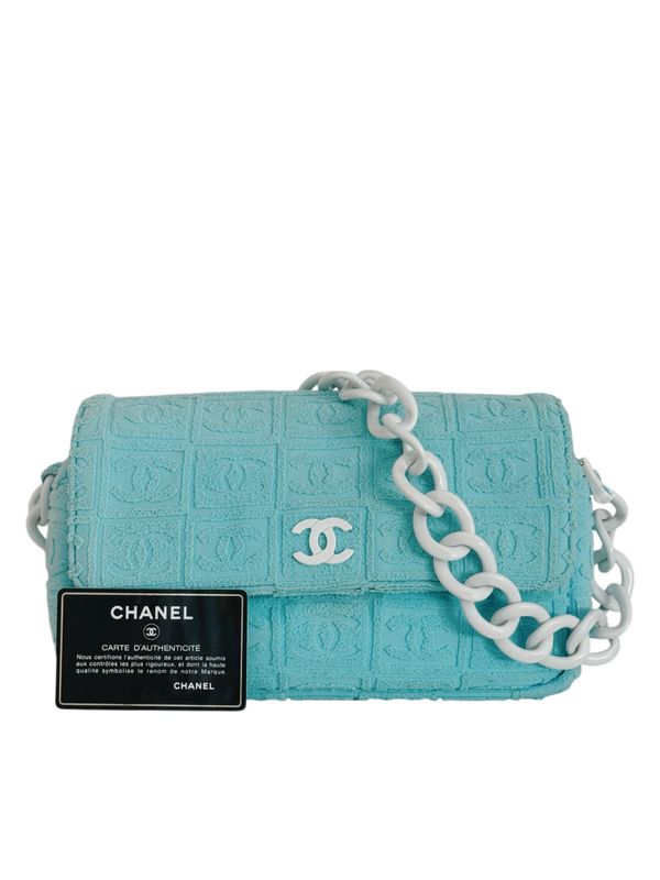 CHANEL VINTAGE CC LIGHT BLUE TERRY CLOTH CLASSIC FLAP BAG WITH RESIN CHAIN