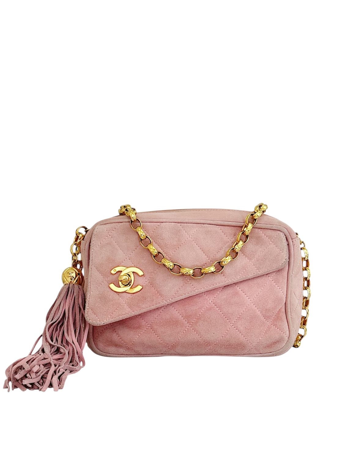 CHANEL VINTAGE PINK SUEDE LEATHER QUILTED CAMERA BAG WITH TASSEL
